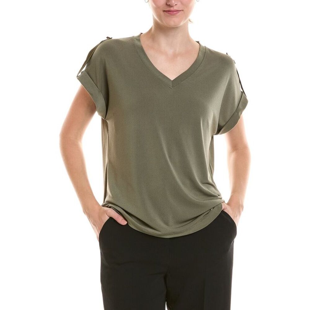 Jones New York Womens  Roll Cuff Tab V-Neck T-Shirt, Green